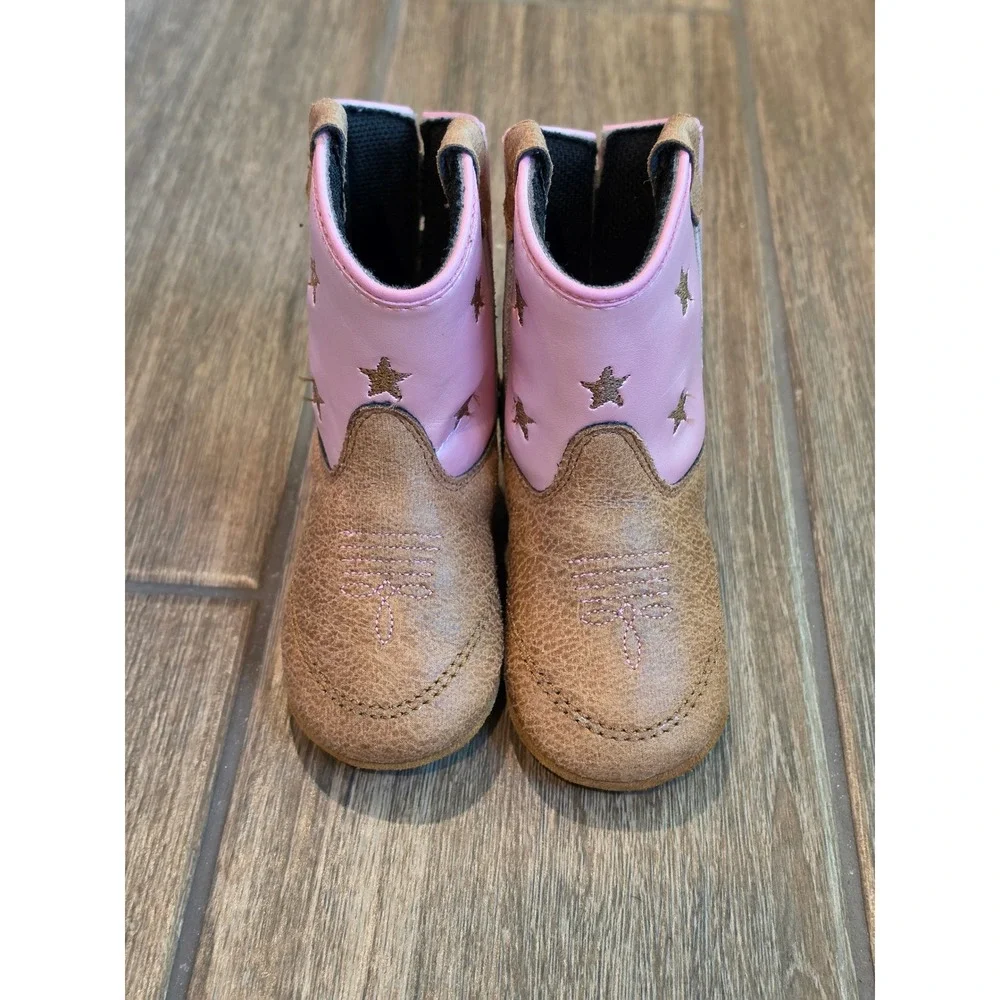 Lil Boot Barn Infant Girls Pink Brown Star Western Cowboy Boots Size 4 B10117